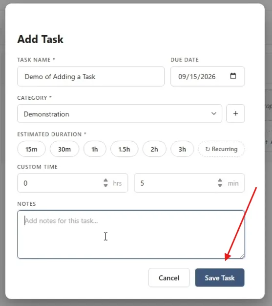 Setting task duration and saving the task