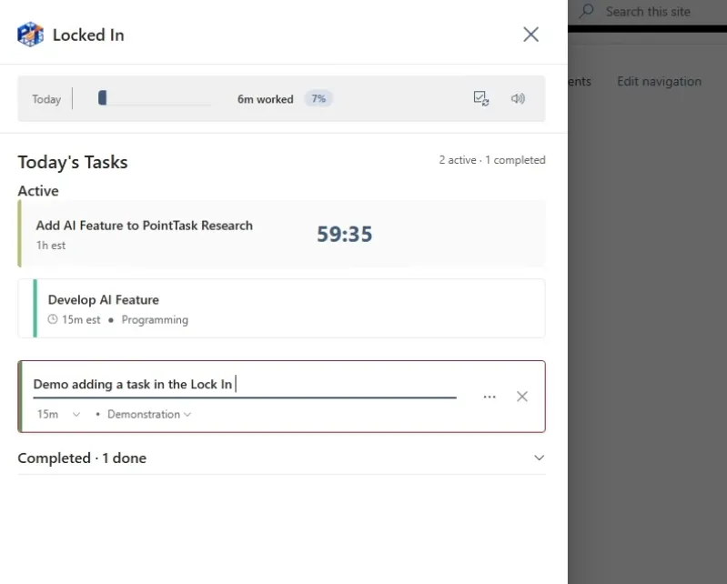 Adding a task from the Lock In panel