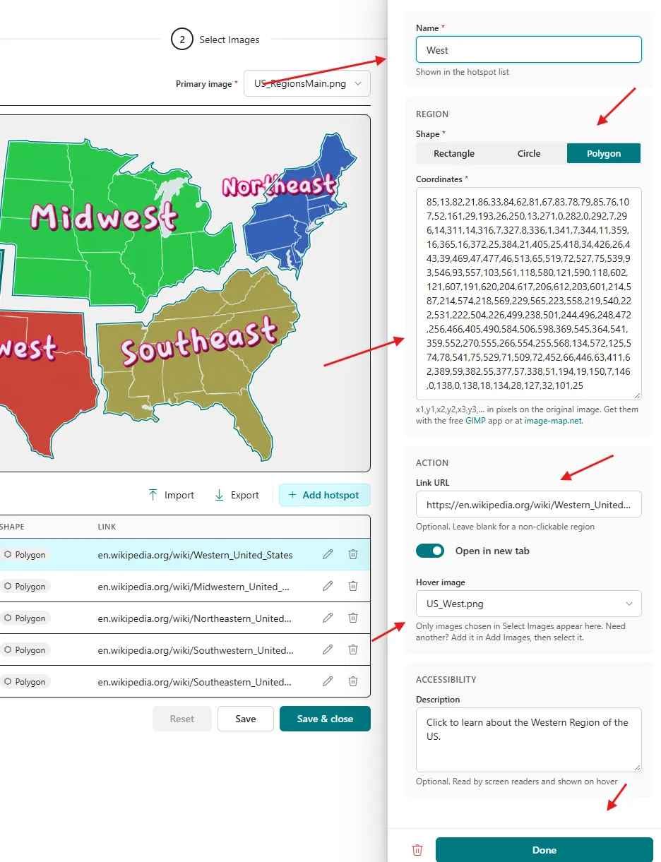 Hotspot editor panel with name, region, action, and description