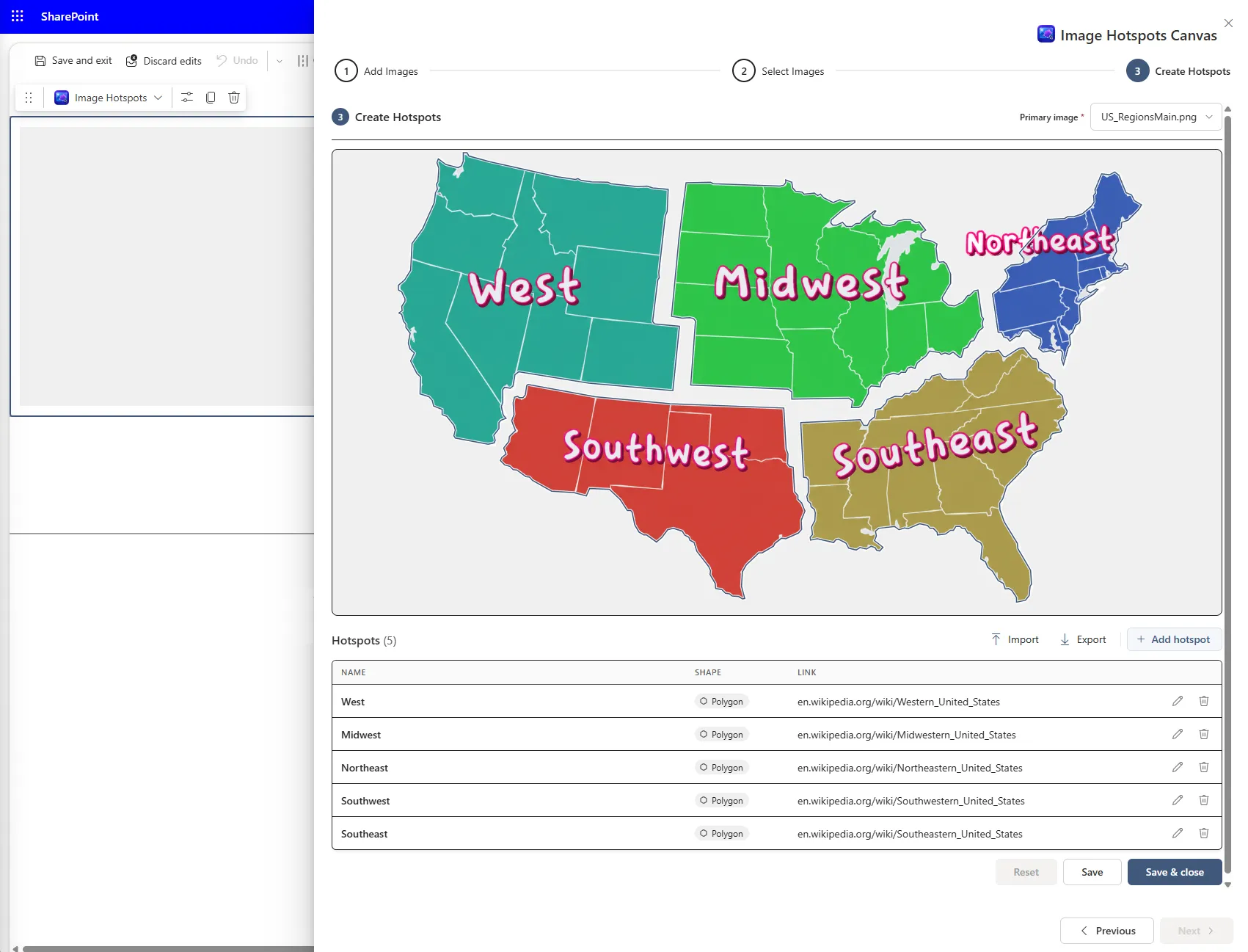 Create Hotspots step with the hotspot list