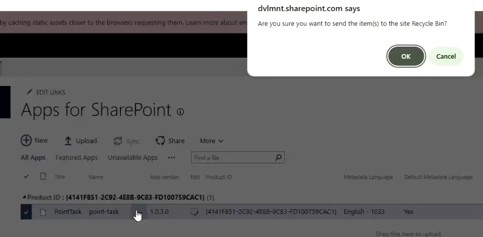 Removing the PointTask app from Apps for SharePoint