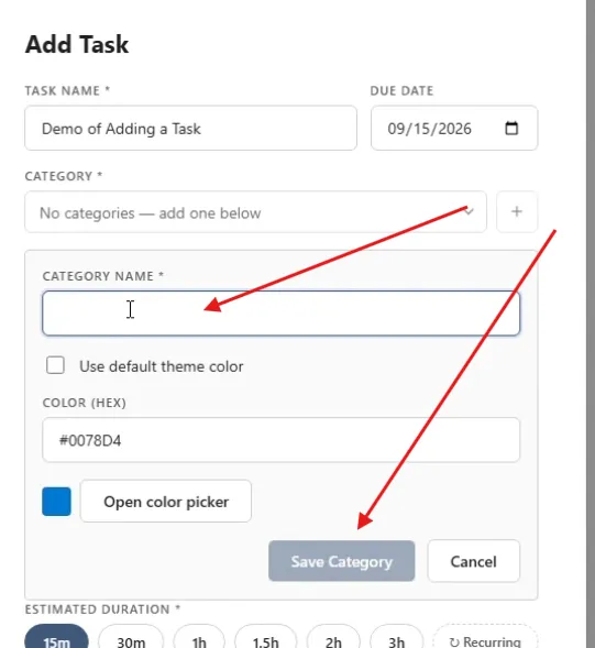 Creating a category from the Add Task form