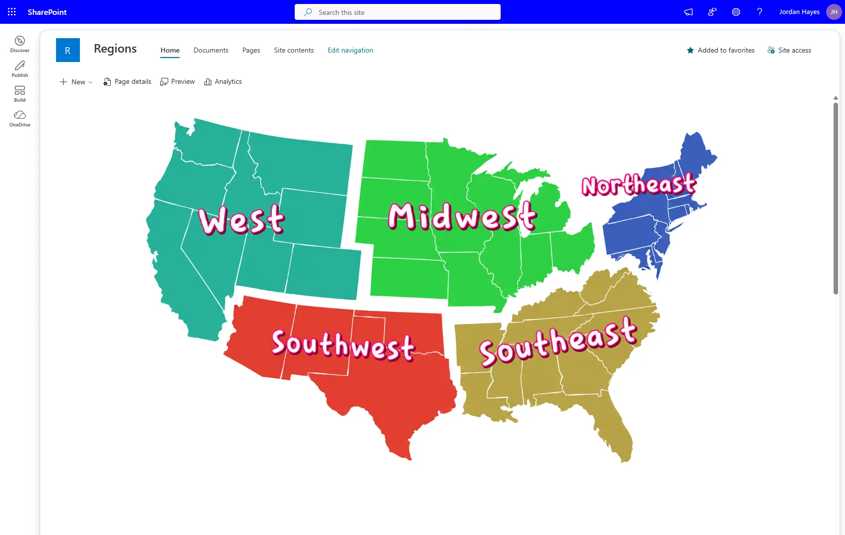 Image Hotspots web part showing a clickable US regions map on a SharePoint page