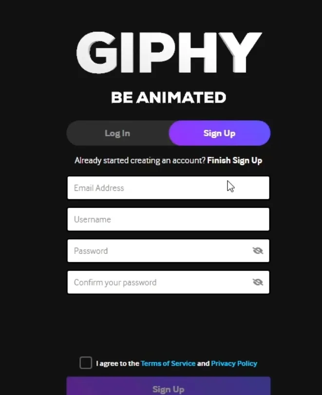 GIPHY sign-up page