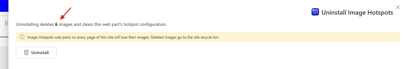 Uninstall panel showing number of images to delete