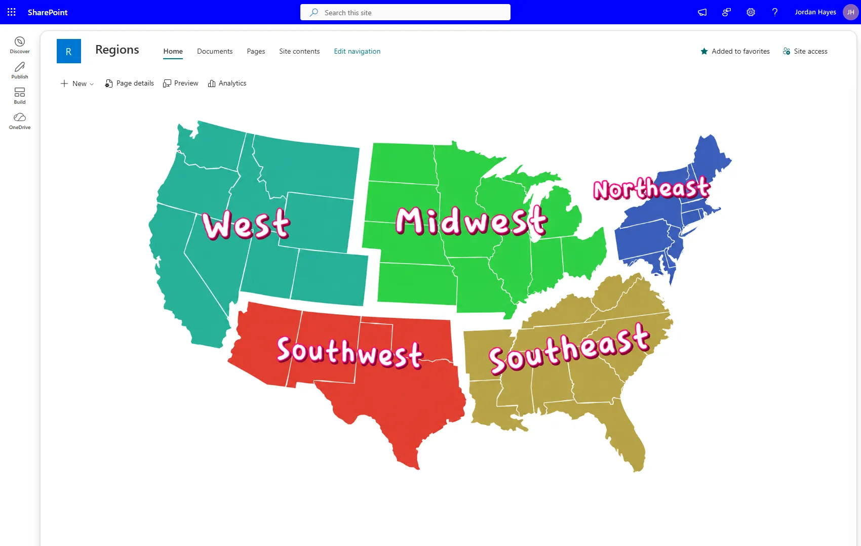 Image Hotspots web part showing a clickable US regions map on a SharePoint page