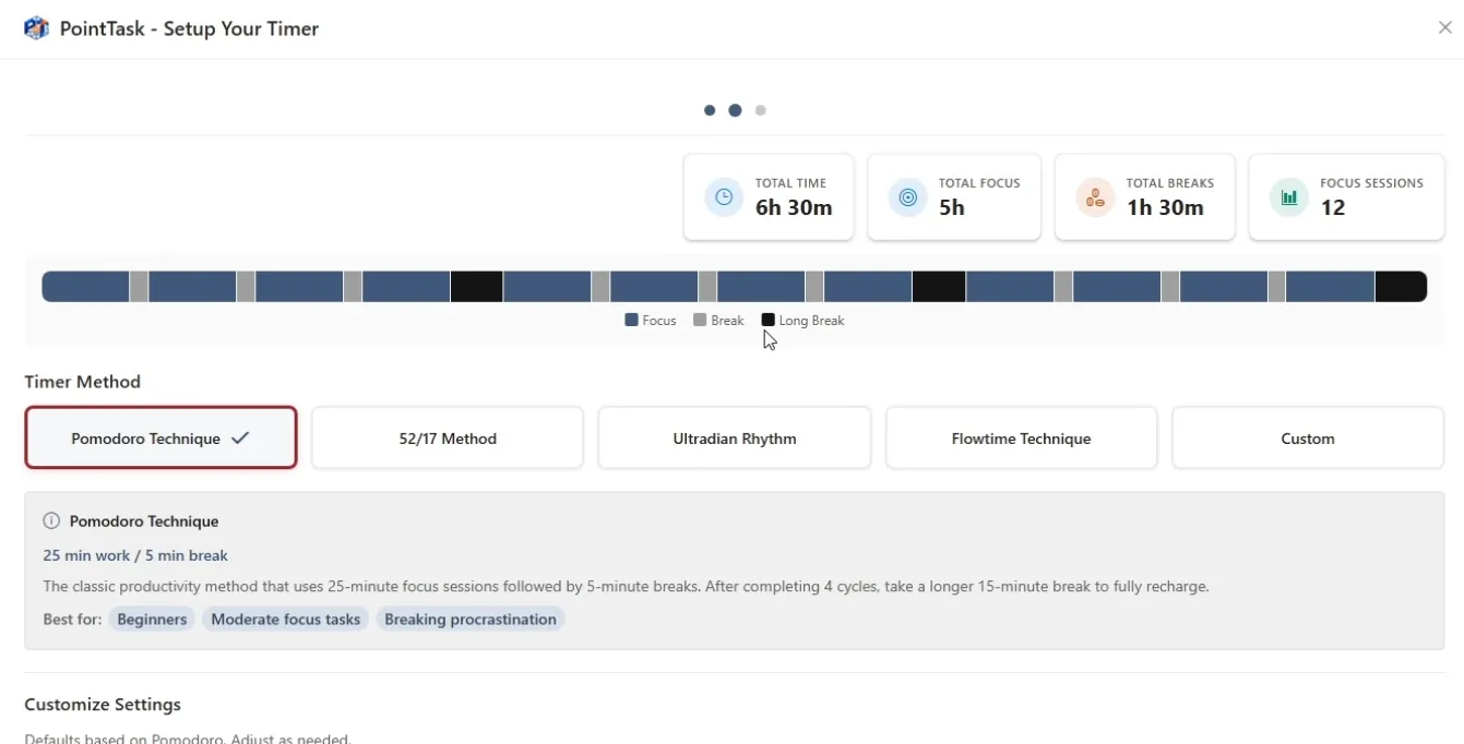 PointTask timer setup form